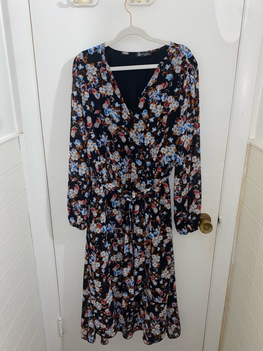 Long Sleeve Floral Wrap Midi Dress - Black with Blue Floral